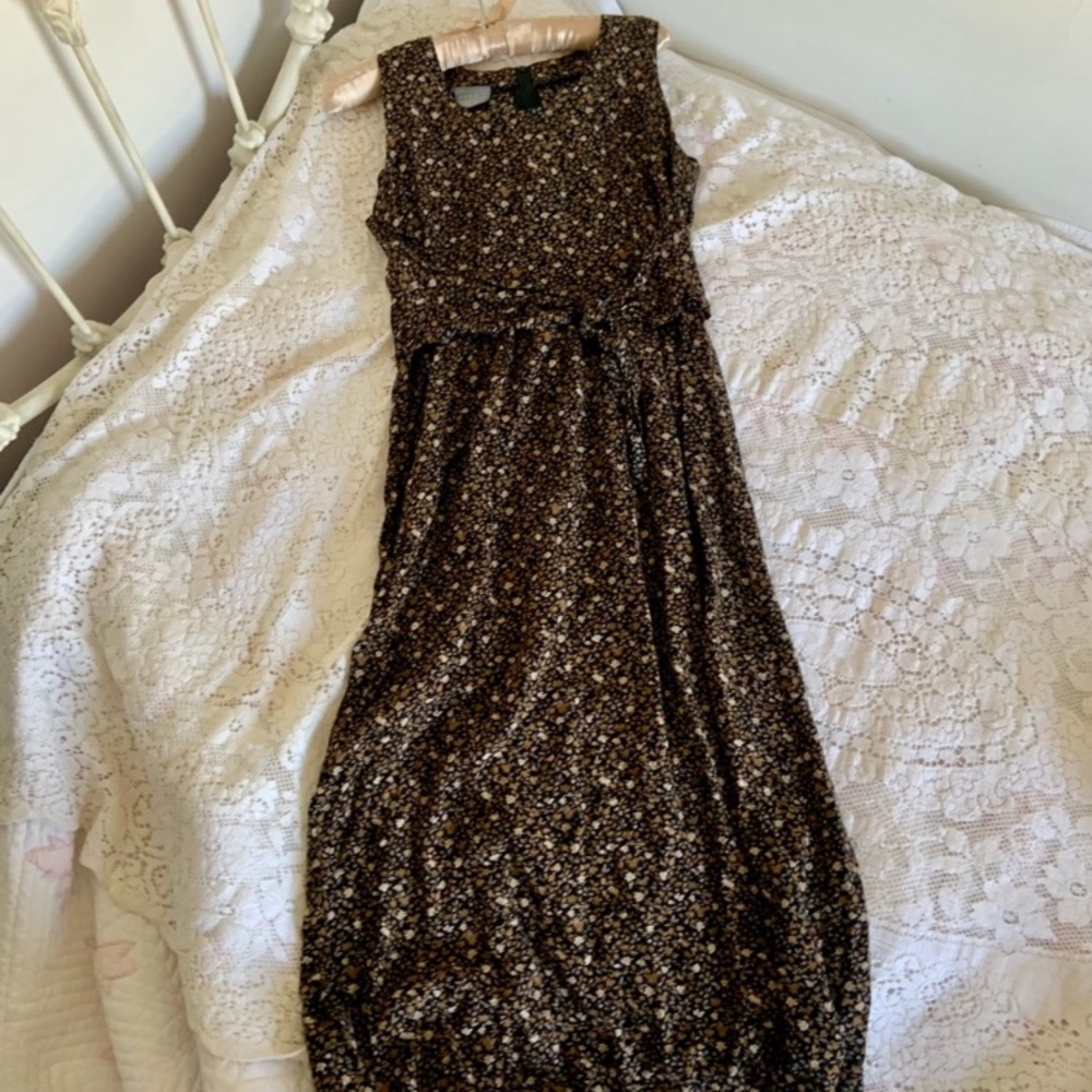 Vintage Rabbit Rabbit Rabbit Brown Floral Tie Waist Maxi Dress